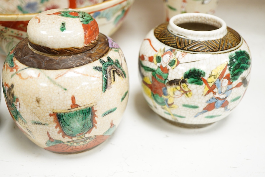 A pair Chinese crackle glaze vases and covers, four jars one with cover and a Japanese Kutani bowl, bowl 30cm diameter